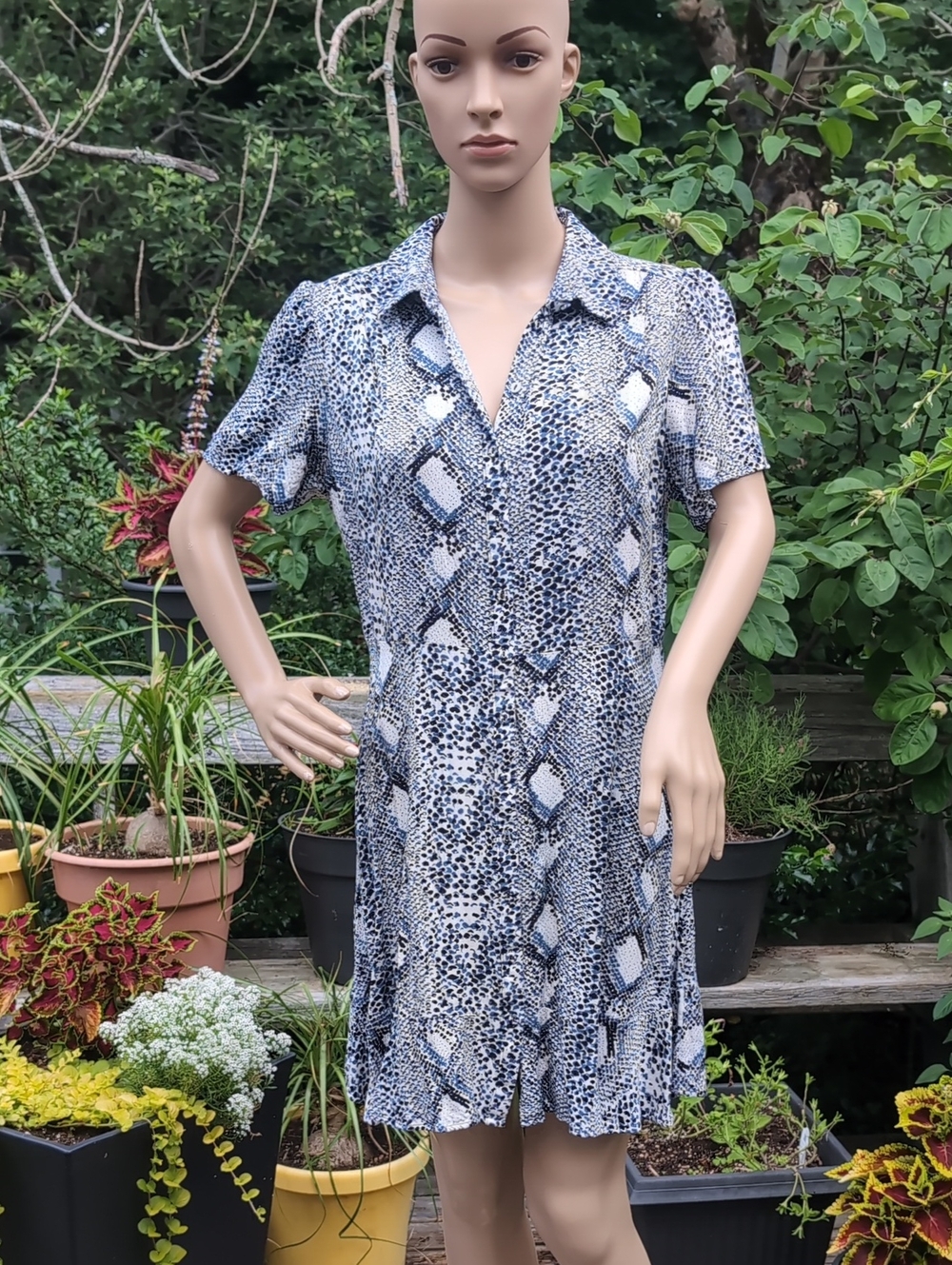 Blue Reptilian Patterned Short Sleeve Shirt Dress